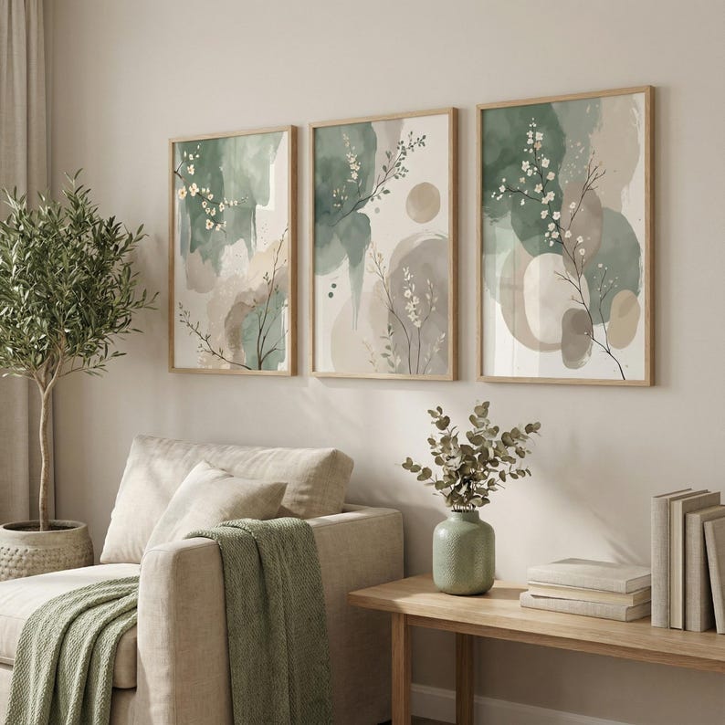 Japandi Sage Green Abstract Botanical Wall Art | Set of 3
