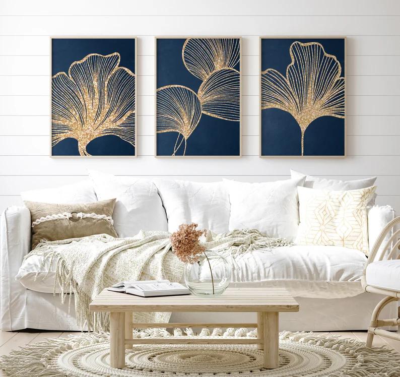 Navy Blue & Gold Wall Art | Set of 3