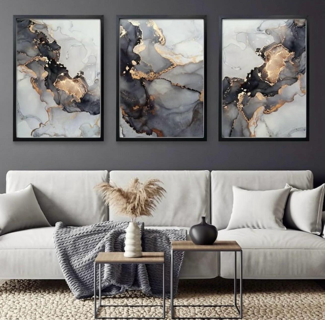 Black/Grey & Gold Liquid Ink Wall Art | Set of 3