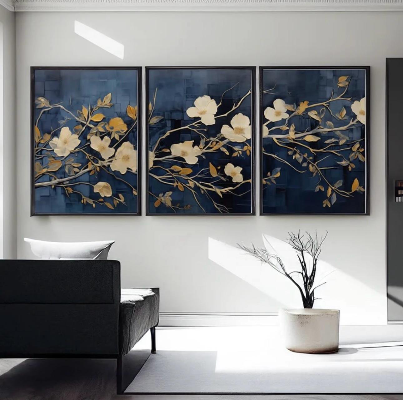 Navy & Gold Botanical Abstract Art | Set of 3