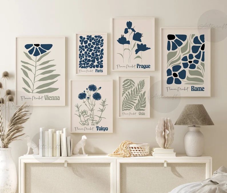 Boho Botanical Navy Blue Gallery Wall | Set of 6