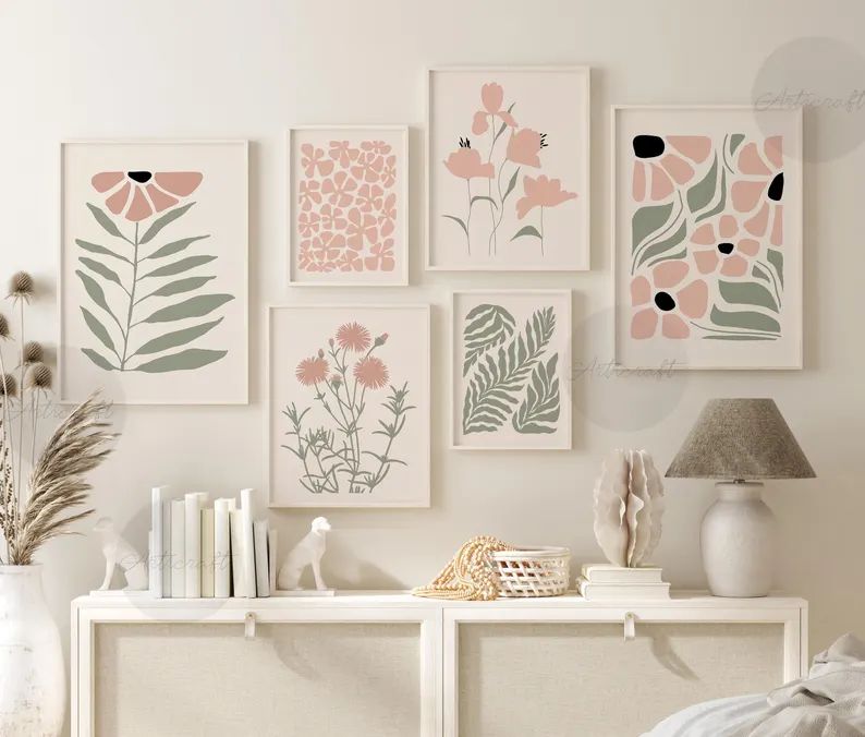 Boho Botanical Pink & Sage Green Gallery Wall | Set of 6