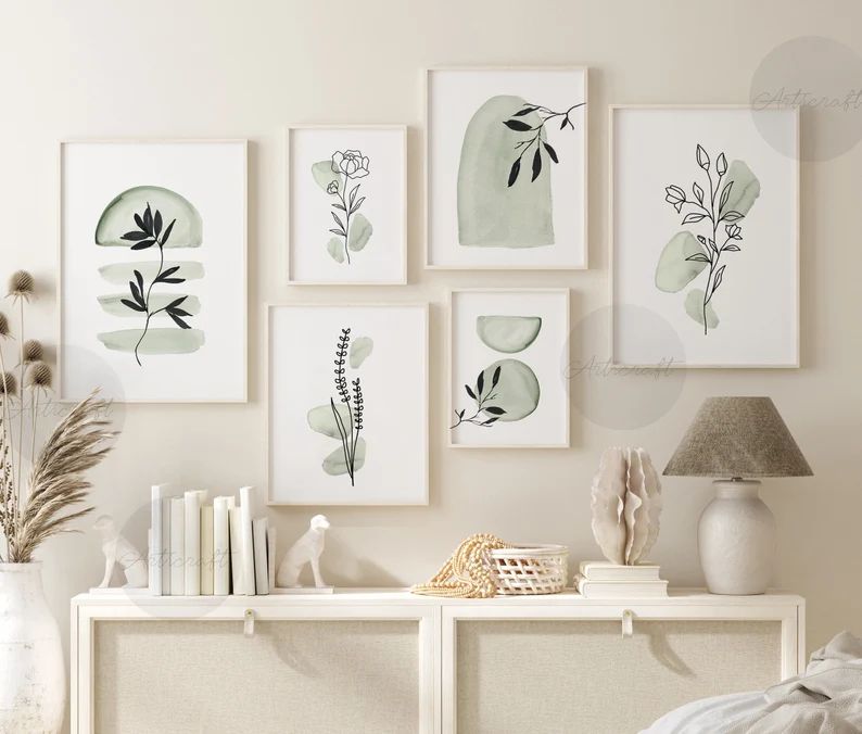 Boho Botanical Sage Green Gallery Wall | Set of 6