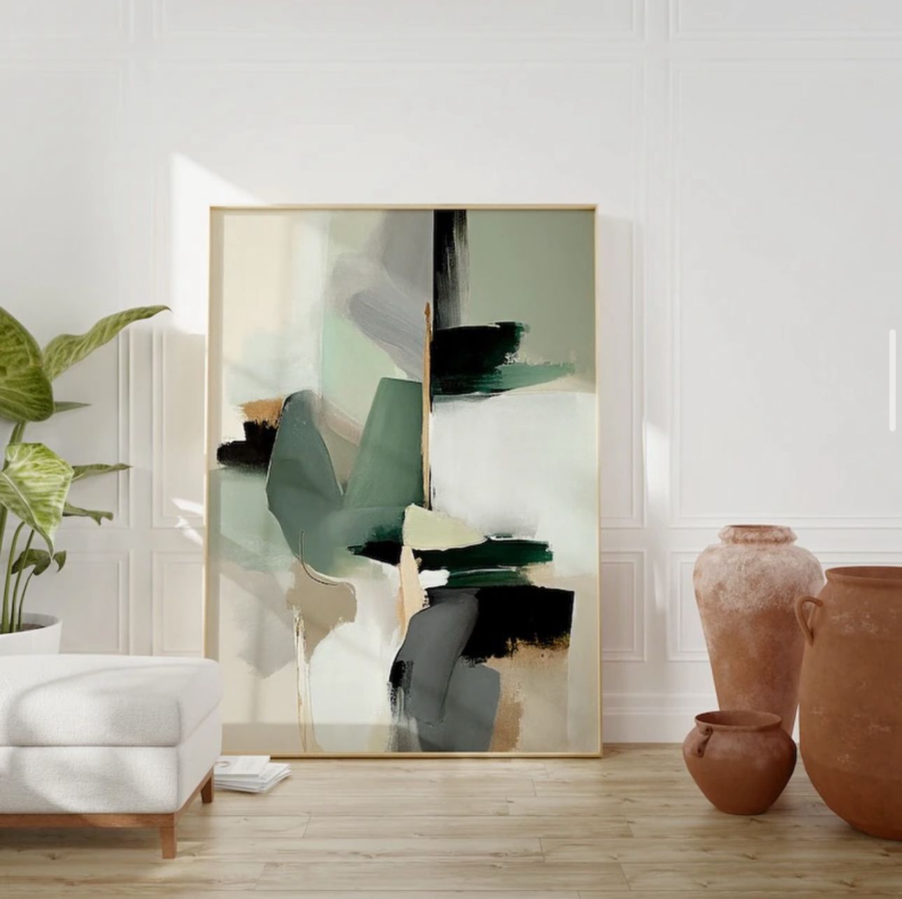 Japandi Moss Green & Gold Contemporary Art | CANVAS