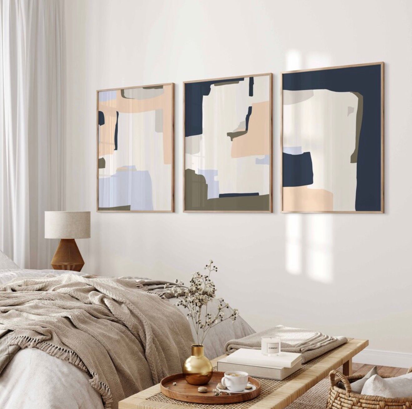 Japandi Blue & Beige Wall Art | Set of 3