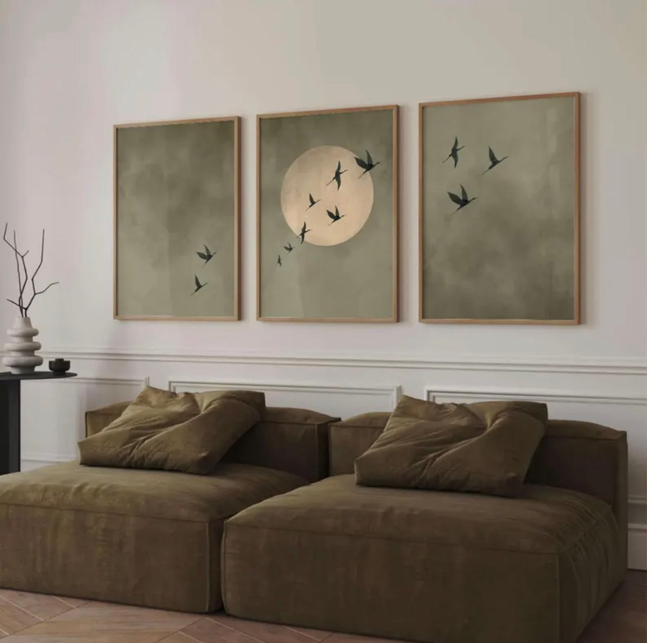 Sage Green Flying Birds Wall Art | Set of 3