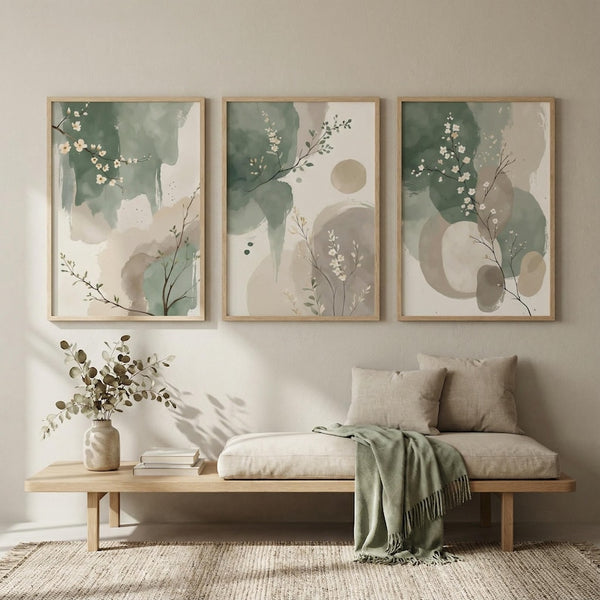 Japandi Sage Green Abstract Botanical Wall Art | Set of 3 – FRAMEY ART