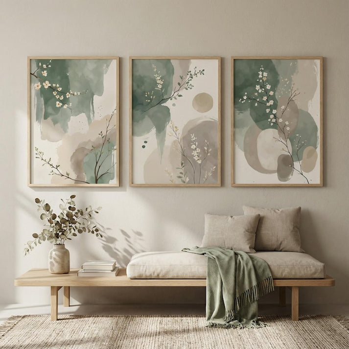 Japandi Sage Green Abstract Botanical Wall Art | Set of 3 – FRAMEY ART