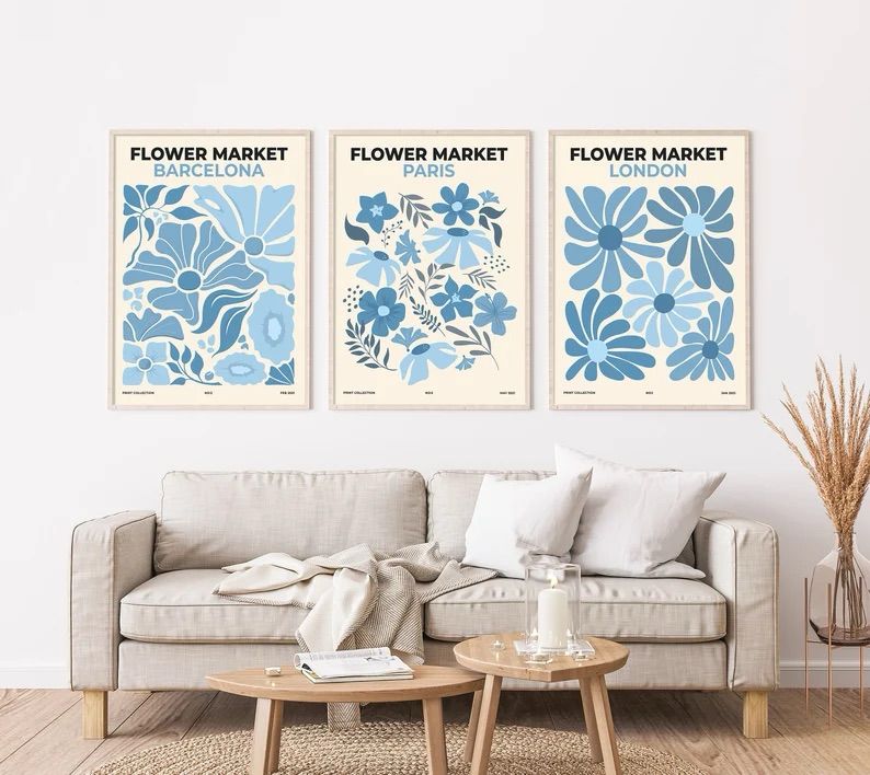 Blue Flower Market Wall Art | Set of 3